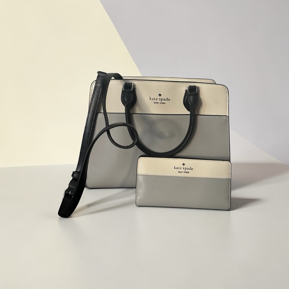 Kate Spade Madison Colorblock Medium Satchel & Wallet Set Platinum Grey Ivory - Picture 2 of 10